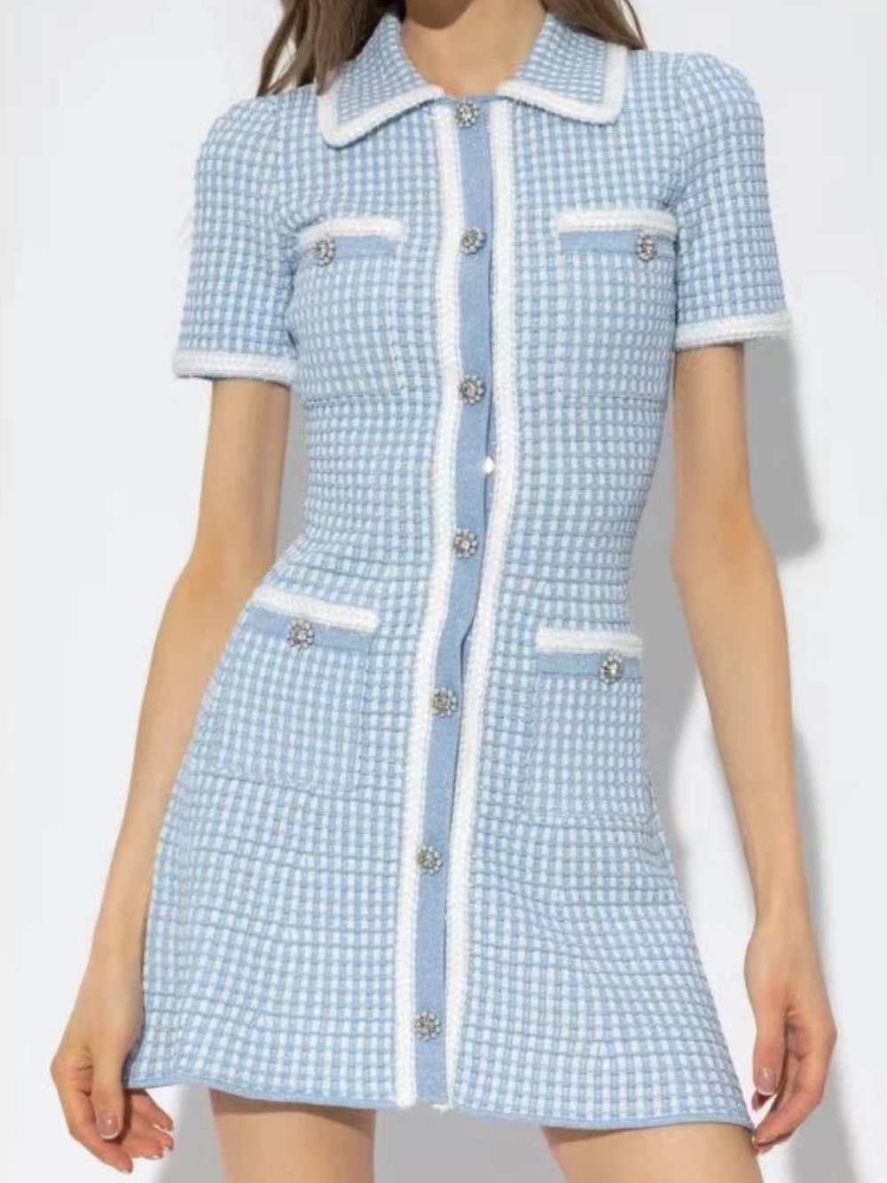 Self-Portrait Light Blue and White Tweed Button-Front Mini Dress - Picture 3 of 5